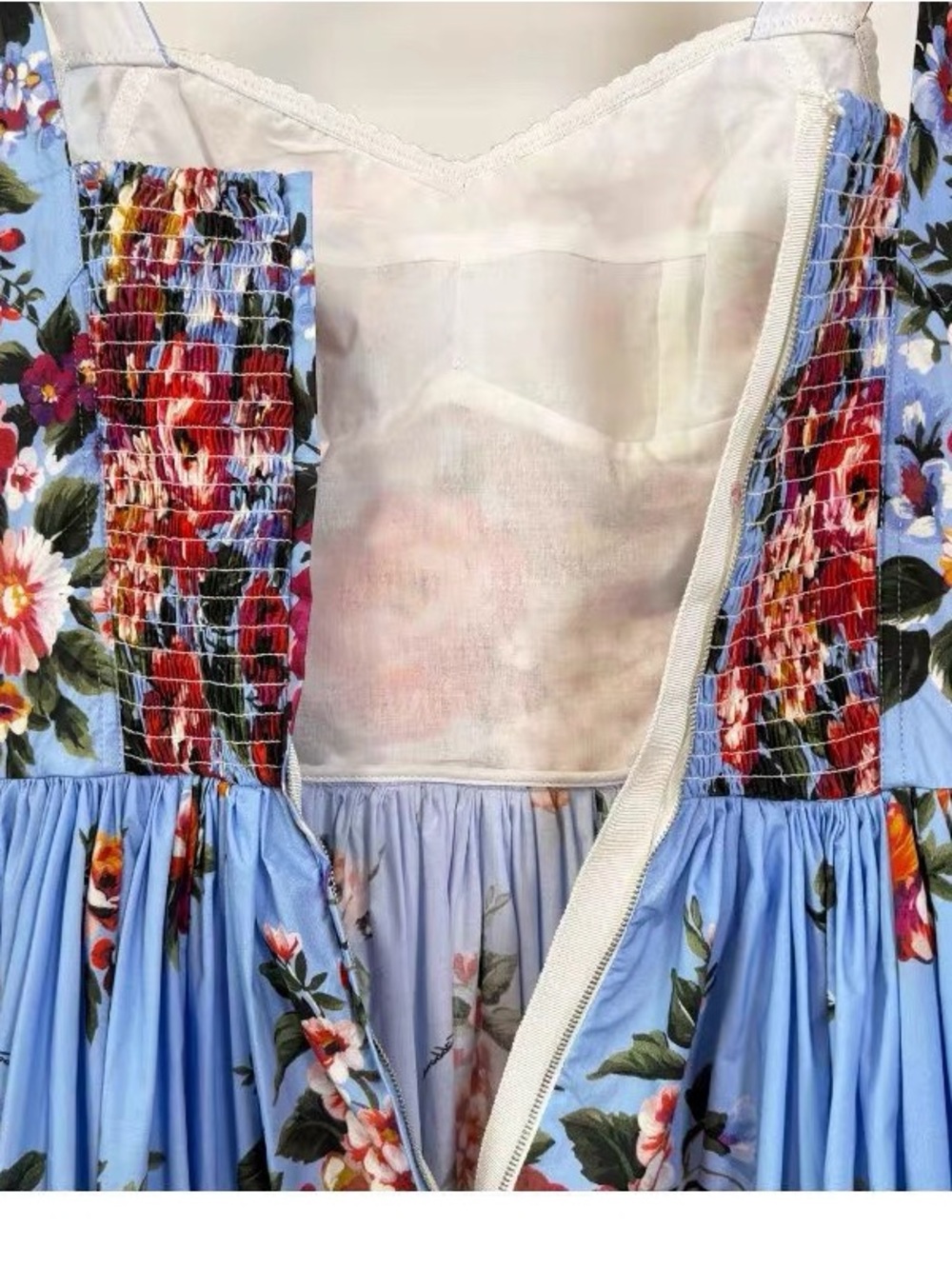 Luxury 100% Cotton Blue Floral Maxi Dress with Red Rose Print - Picture 12 of 14
